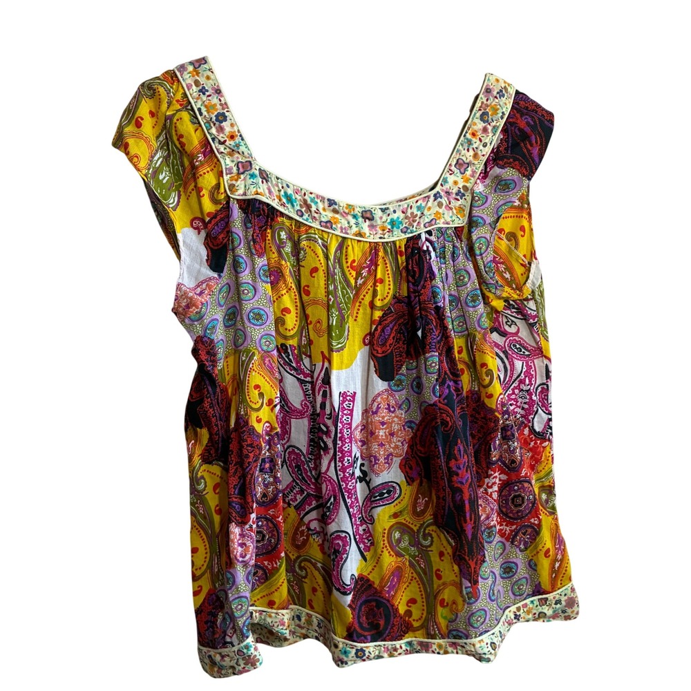 Vintage No Boundaries Paisley Floral Blouse Large Yellow Multi Cotton Boho Top